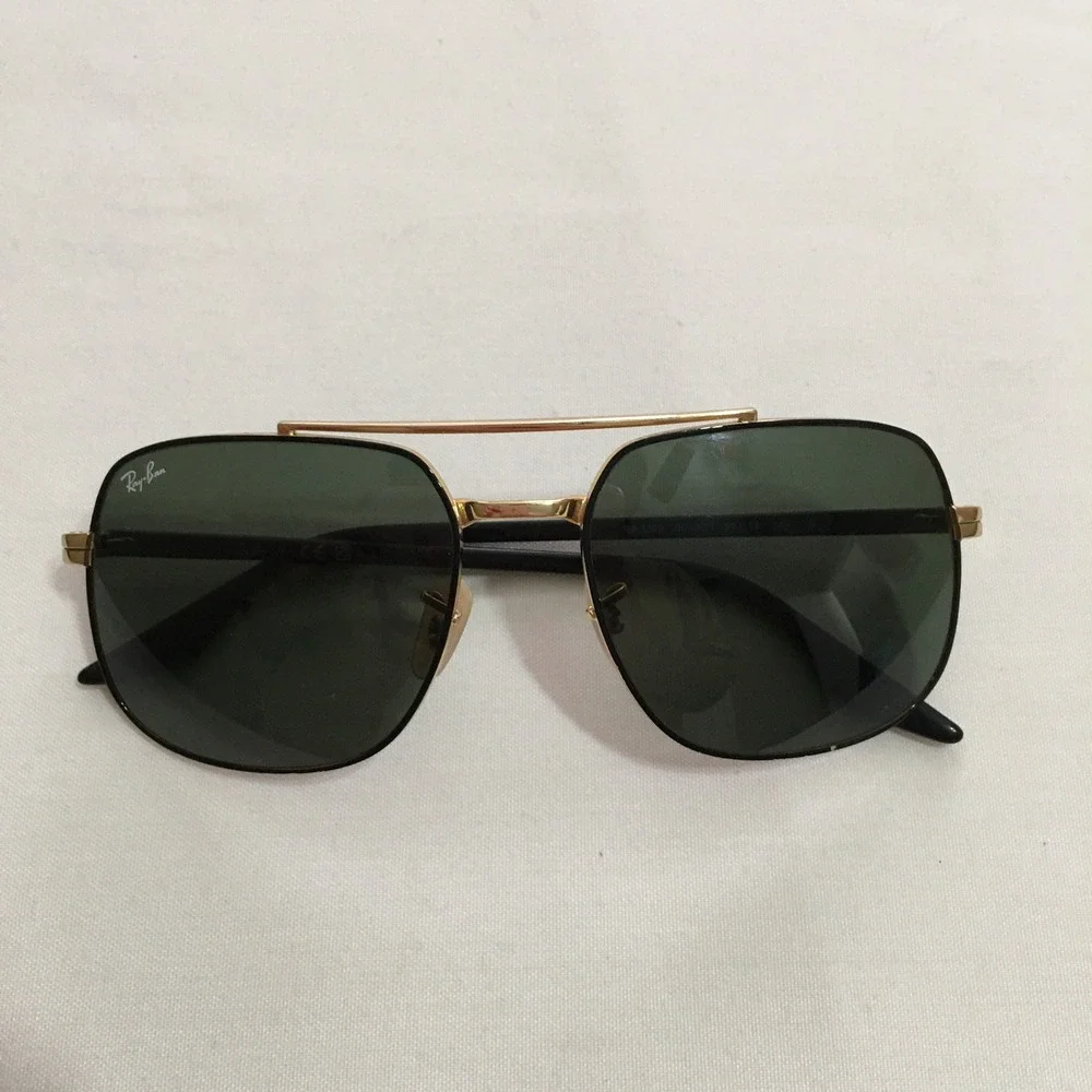 Ray-Ban Sunglasses Mens Large Black Gold Square Double Bridge Aviator